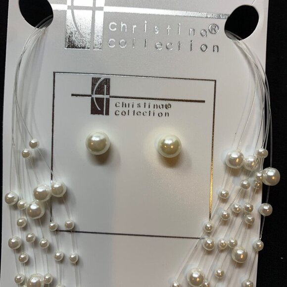 CHRISTINA Necklace Earring Jewelry Set White PEARL ILLUSION Party Gift Prom Adju - Picture 9 of 10